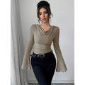 Real shot of export cross-border 1688shein  bell sleeve swing collar knittingtops