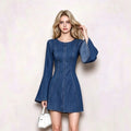 new arrivalfashion high-quality waist slimming looklong sleeves bell sleeves denim dresssummernew arrival