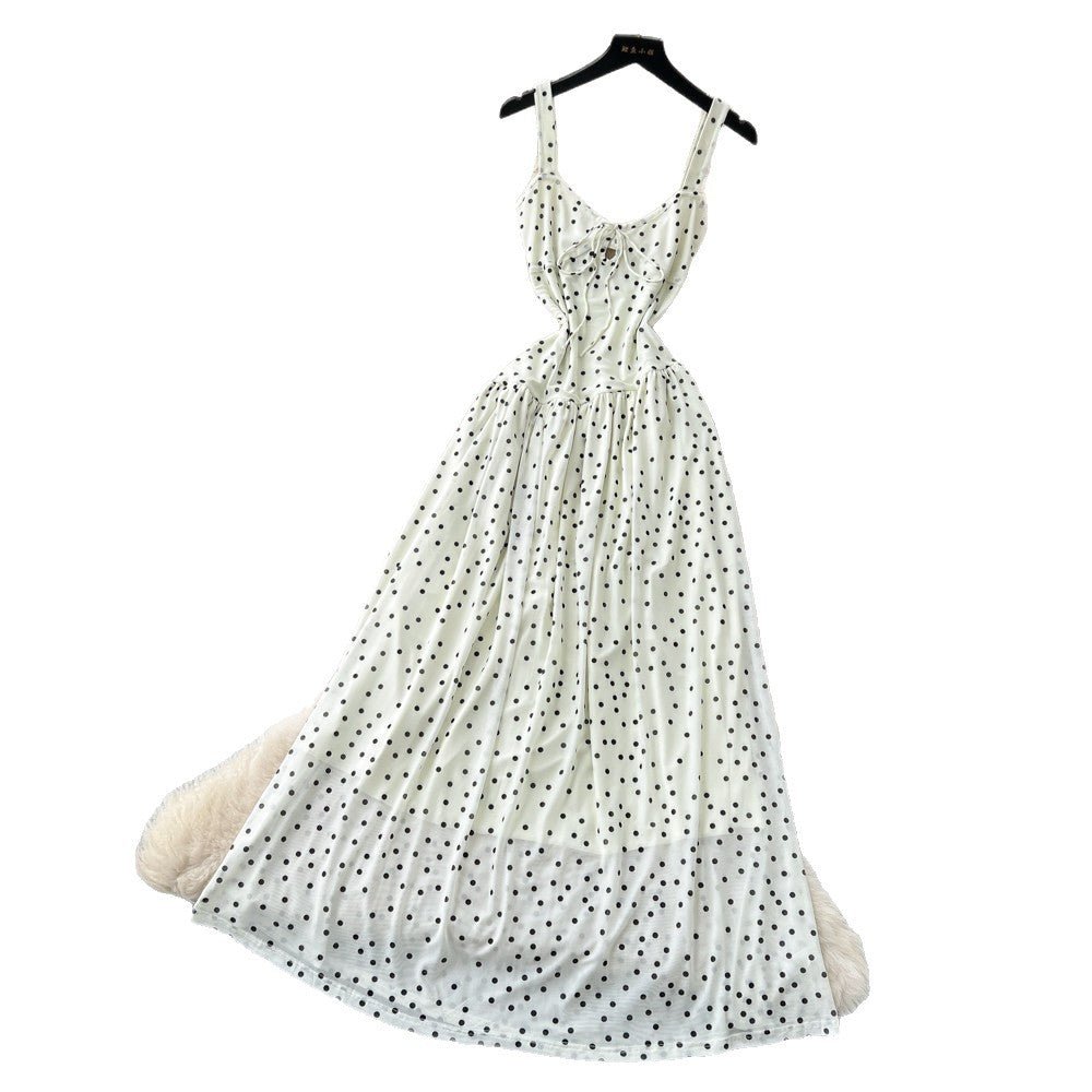 French polka dot suspender pure desire backless dress women's summer k-style sleeveless waist slimming lookelegant long skirt holiday style