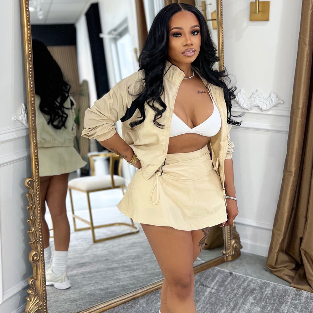 Long sleeves zipper contrast color stand collar jacket drawstring pleated culottes women's two-piece settwo-piece set outfit