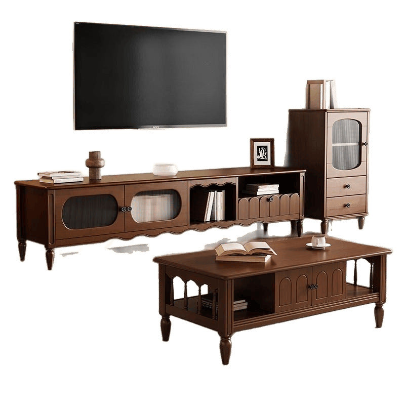 Retro solid wood TV cabinet coffee table combination living room home French antique storage TV cabinet