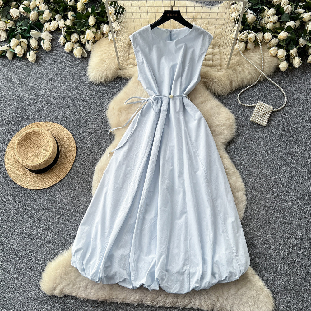 French sleeveless tie-up a-line tulip dress - women's summer high-waisted cinched waist tie detail flowy luxury work dress