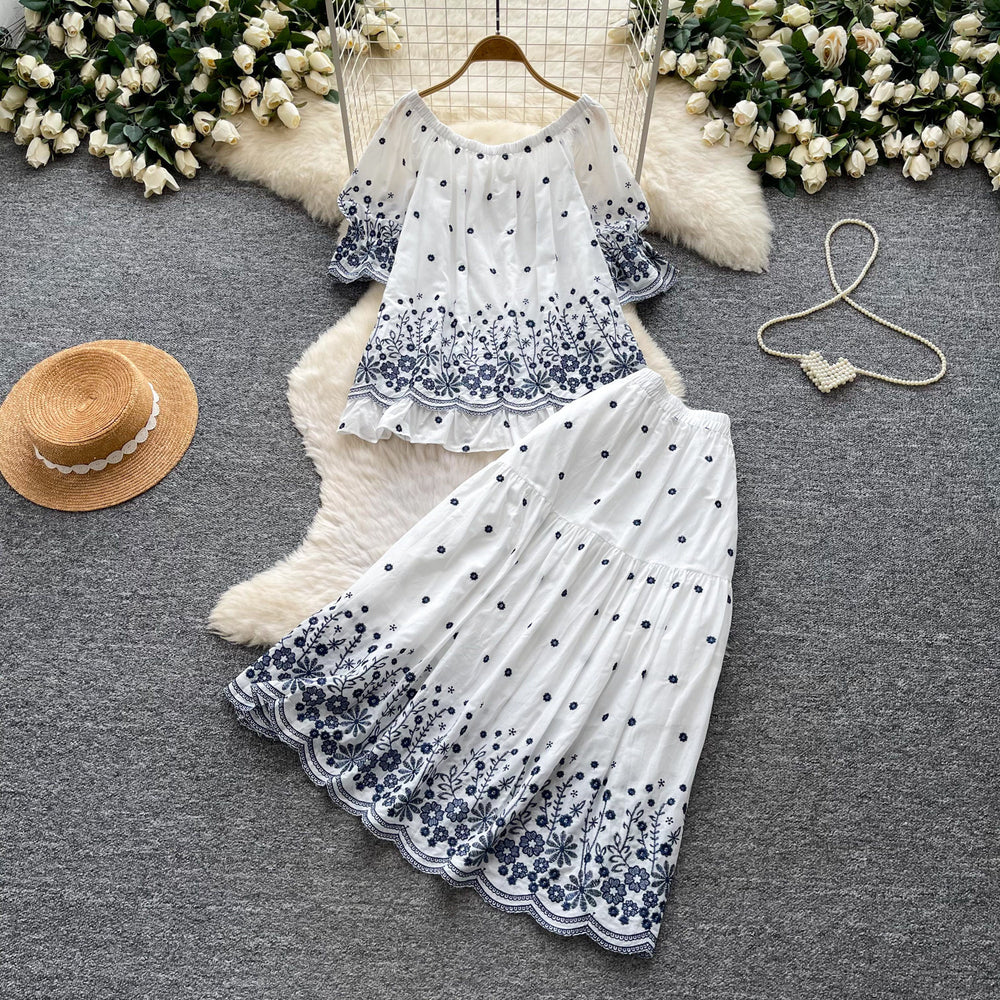 Heavy embroiderflower vest skirt elegancesuit women's summerslimming looklooseeleganttwo-piece setwork clothing style