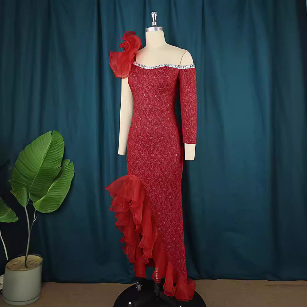 Mesh patchwork slant neck long dress designer single sleeve slant hem fungus dress party dress
