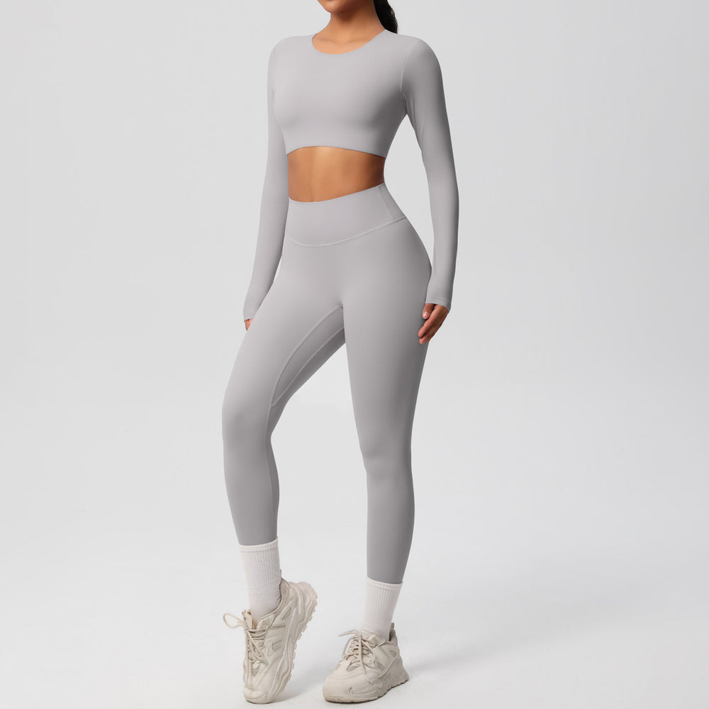 Ready-to-ship, solid-color, double-sided nylon brushed fabric, barely-there feel, form-fitting activewear yoga set for running and fitness, two-piece