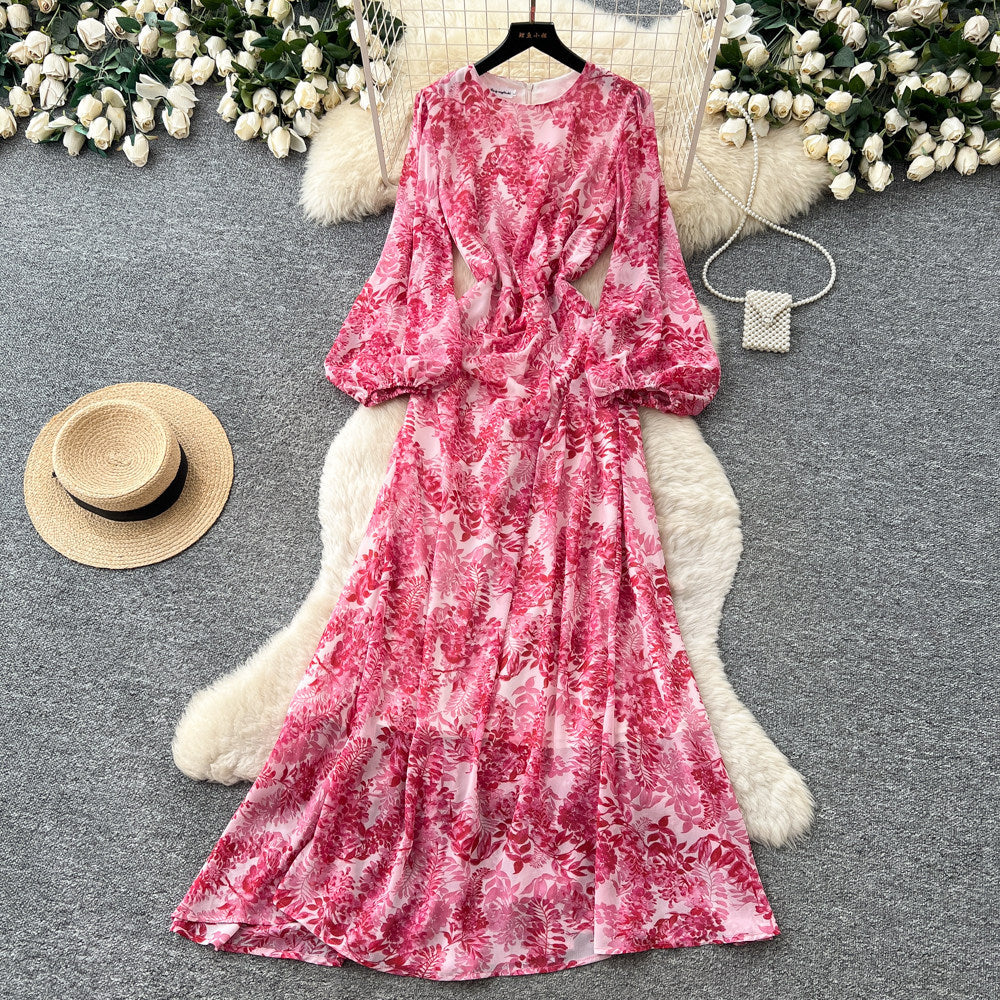 French-inspired vacation print dress for women, perfect for spring and autumn. korean style, long sleeves, cinched waist, a-line silhouette, slimming and elegant