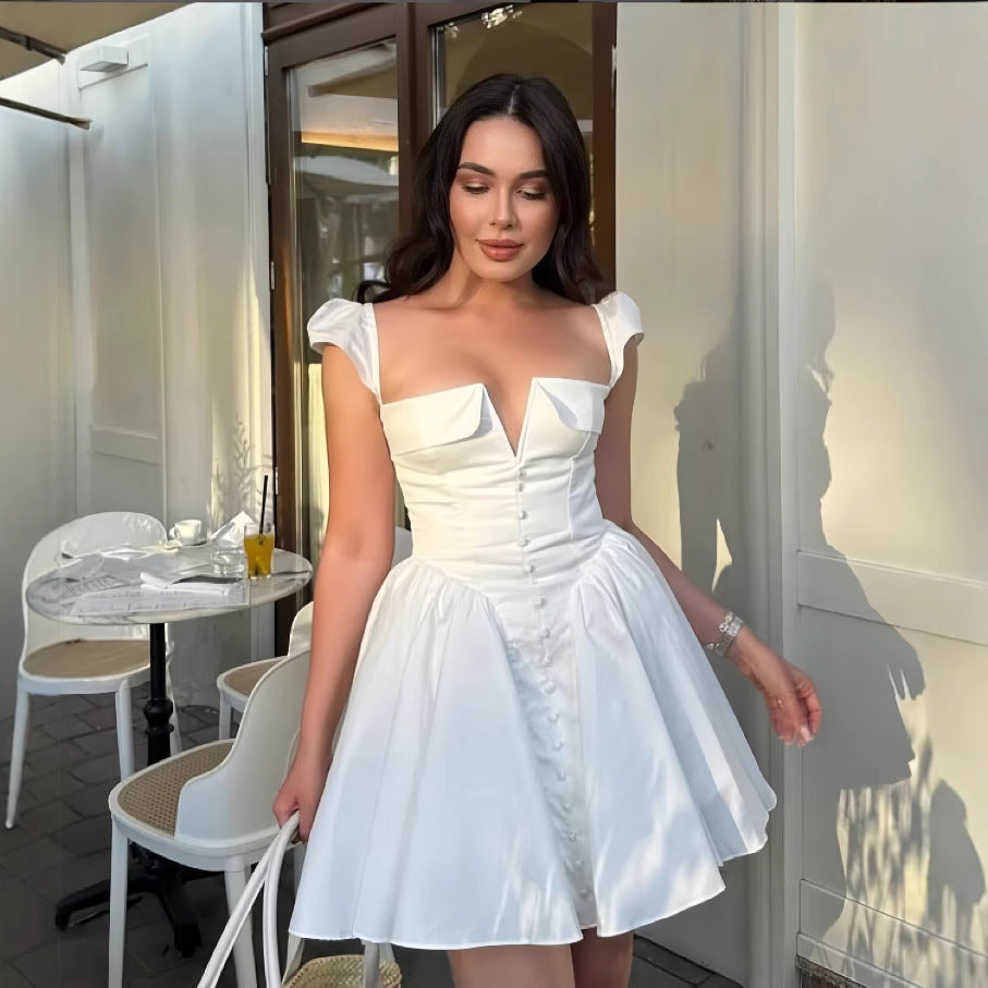 Fashion cross-border women's clothing  early spring pure color flying sleeves v neck buttons waist pleated short elegantdress
