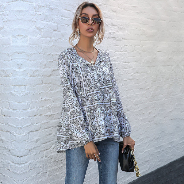 Yanxuan Independent Station Cross-border  explosion European and American retro tops v-neck fringed pullover long-sleeved printed shirts