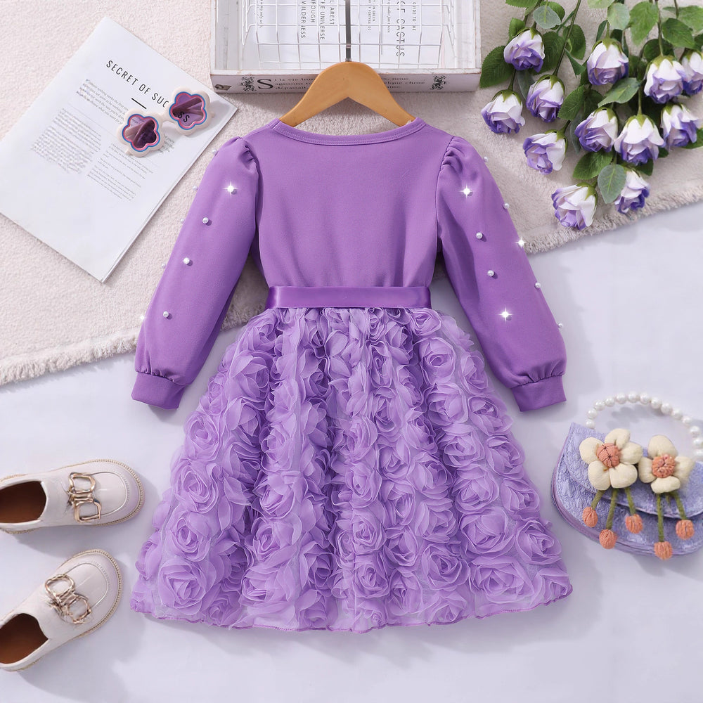 Girls' dress for toddlers and young children, solid color 3d floral pearl long sleeve dress