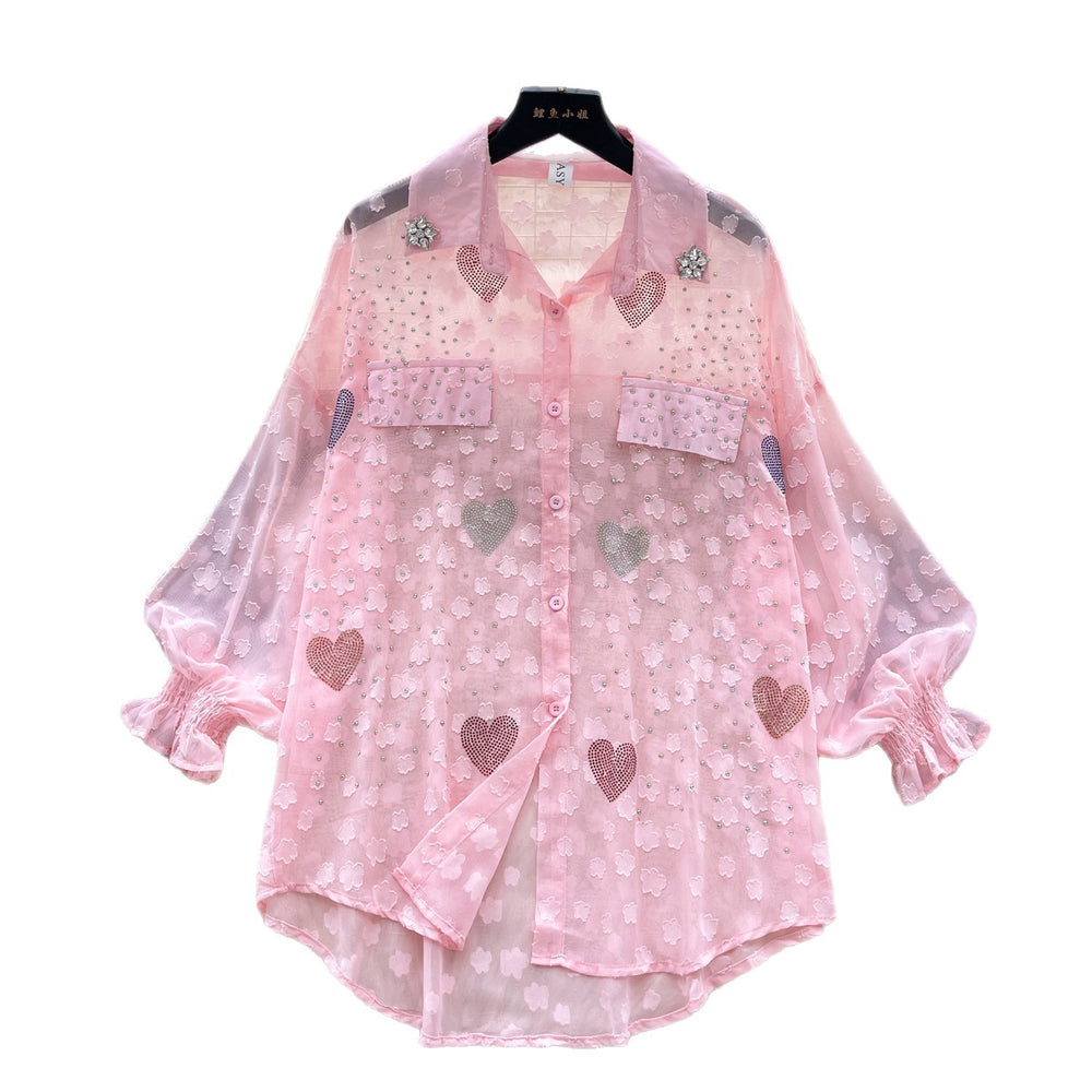 Accessible luxuryfrench styleclassy lantern sleeve shirt women's summer mesh hot diamond loose flesh-covering designeleganttops