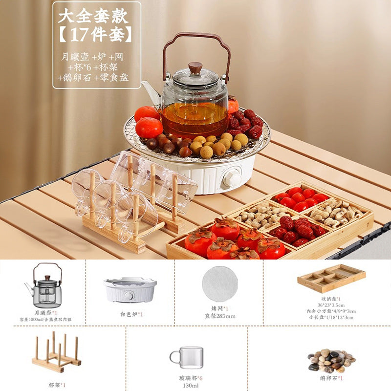 Electric ceramic stove tea set - complete tea brewing kit for home use: includes glass teapot, electric oven, tea cups, fruit plate, and tea accessories