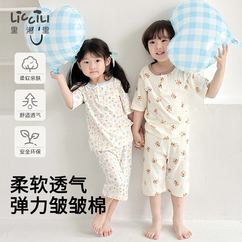 Summer lightweight crinkle cotton baby pure cotton air conditioning suit separates pajamas boys girls three-quarter sleeve loungewear