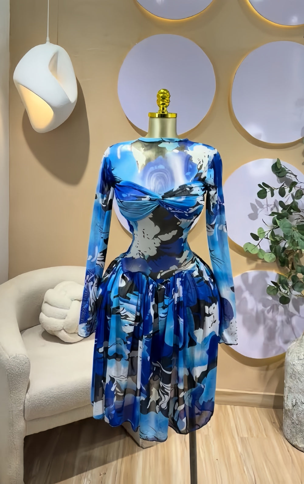 European and american cross-border women's spring  new arrival: long-sleeved crew neck bandeau print cinched waist ruched mini dress