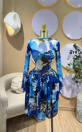 European and american cross-border women's spring  new arrival: long-sleeved crew neck bandeau print cinched waist ruched mini dress