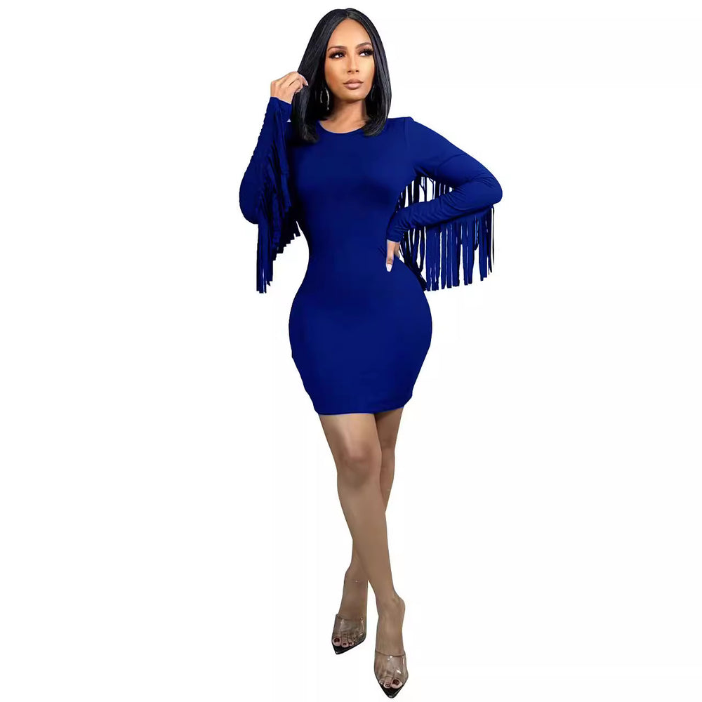 European and american cross-border women's fashion:  autumn hot-selling solid color long sleeve tassel round neck bodycon mini sexy dress