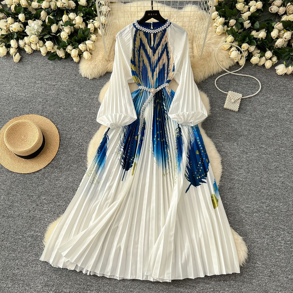 European and american style high-end round neck beaded lantern sleeve pearl belt waist-defining elegant long printed pleated dress
