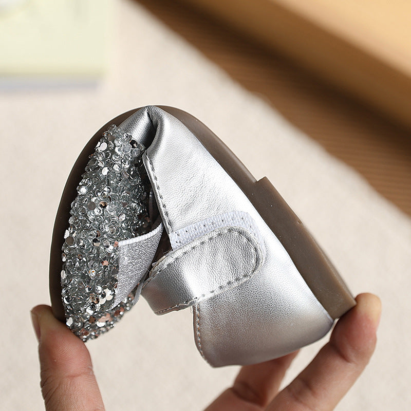Vancahao  spring/autumn new collection: little girl's bow-tie princess crystal shoes, rhinestone ballet flats, dance shoes