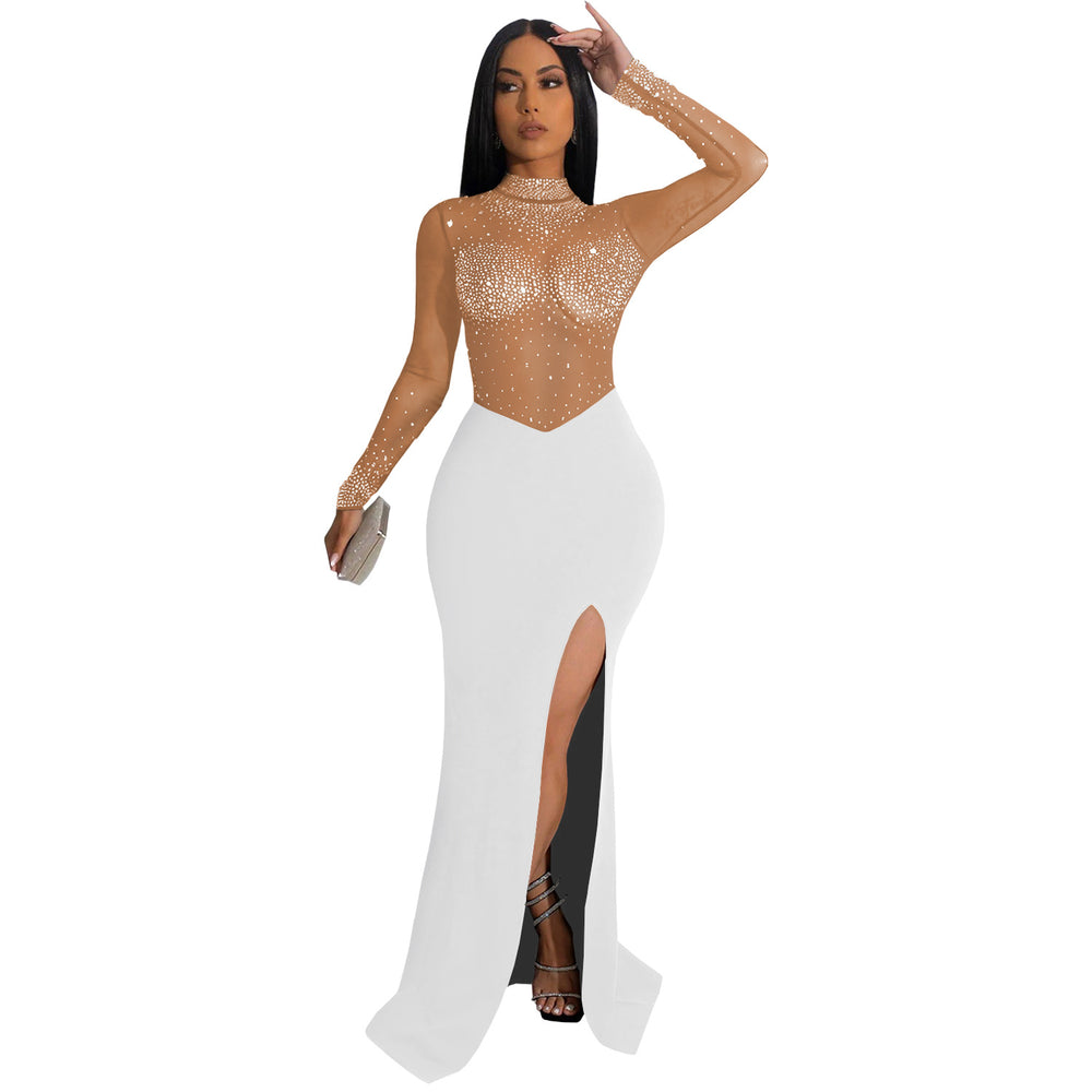 C7330 cross-border   fashion women's sexy see-through mesh rhinestone slit dress
