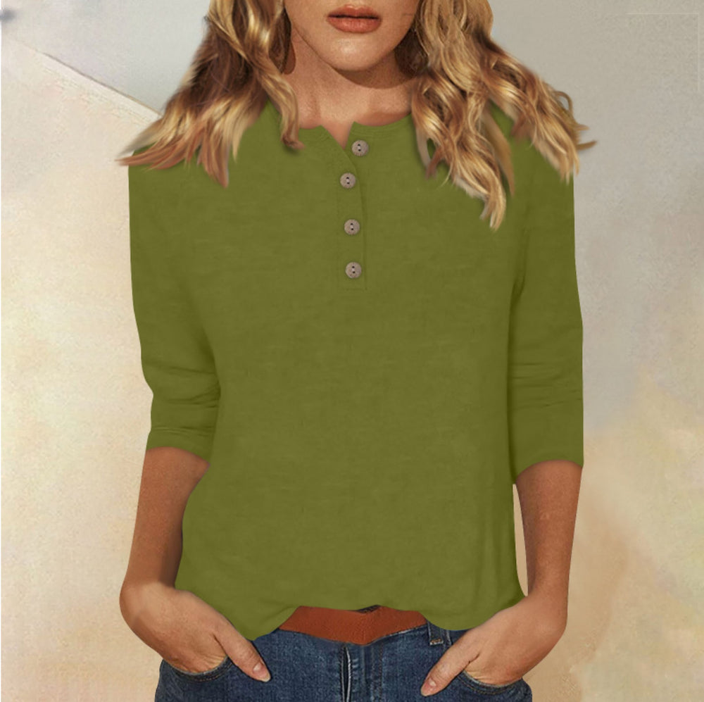 cross-border  women's fashion casual three-quarter sleeve solid color button-down crew neck t-shirt top