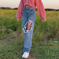 fashion cross-border summer new arrival loosestylish ripped straight-legcasual pants jeans for women