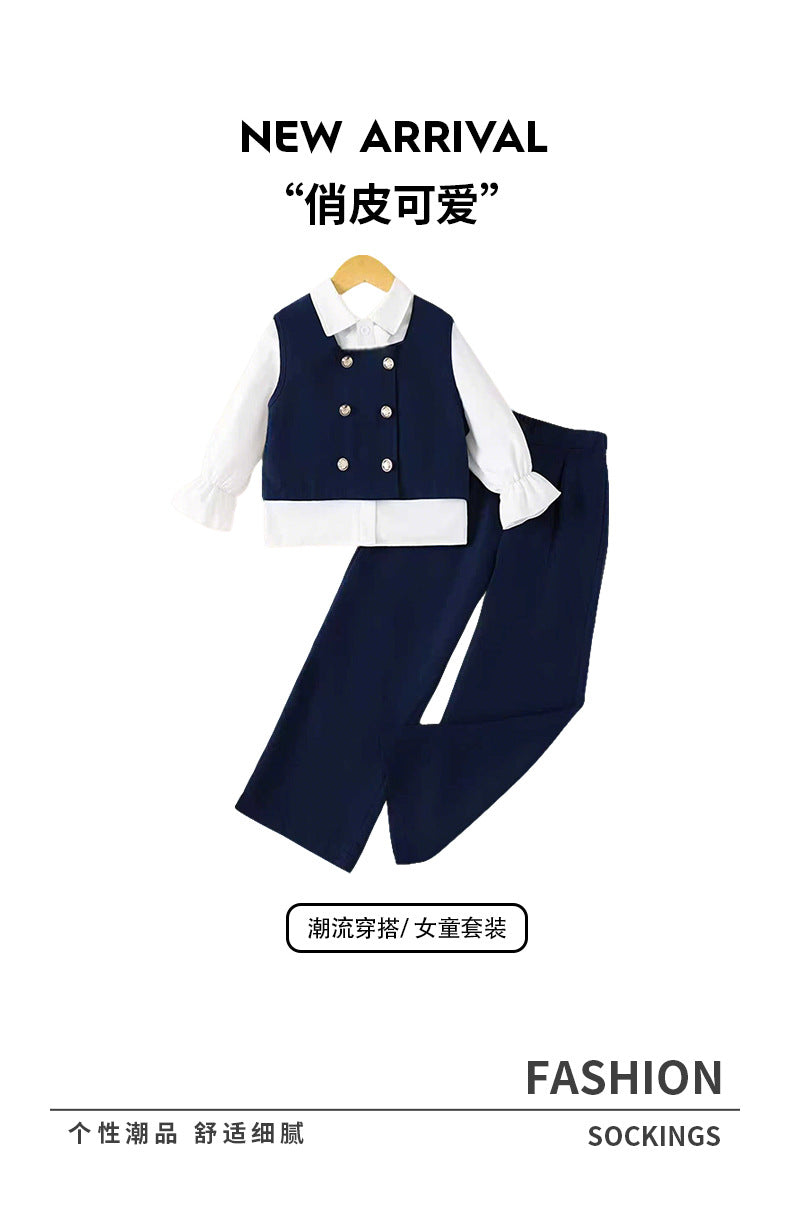 Export kids suit three-piece dark blue vest long sleevesshirt trousers british style girlsuit