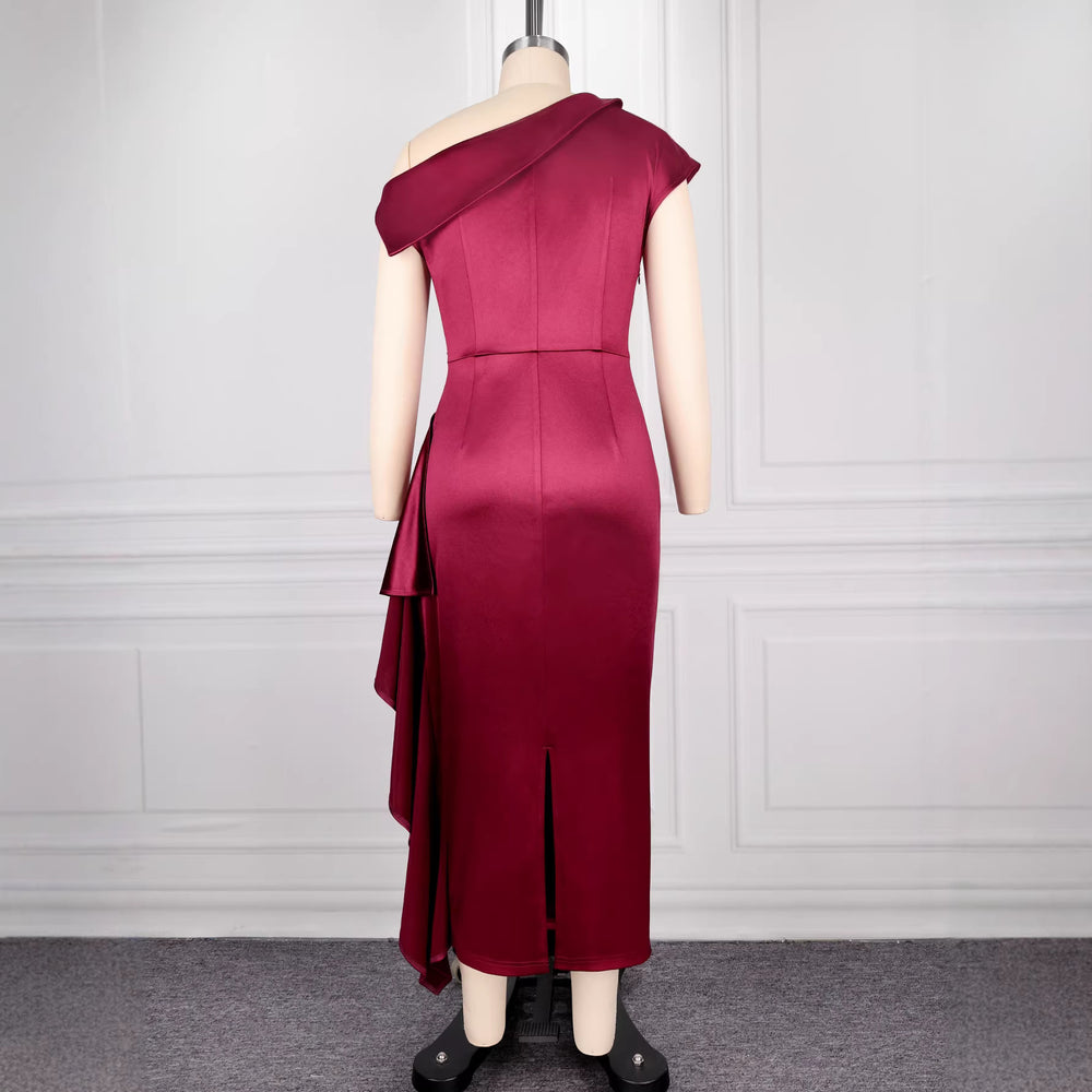 Burgundy slimming bodycon mini dress - one-shoulder high-waisted satin ruffle hem party dress