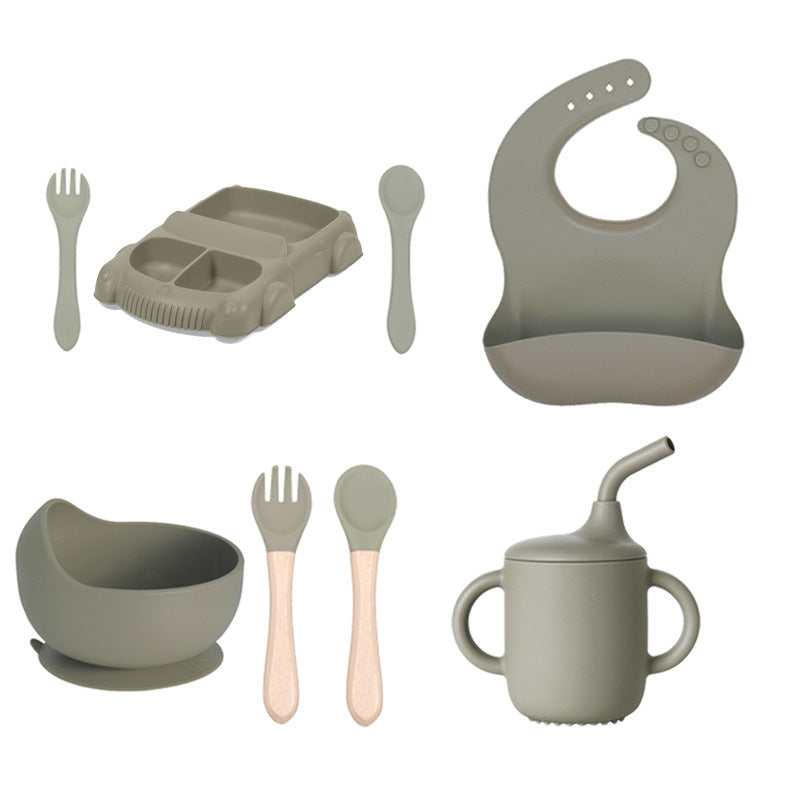Factory new product baby silicone dinner plate large suction cup tableware set 8-piece set cartoon children's car silicone dinner plate