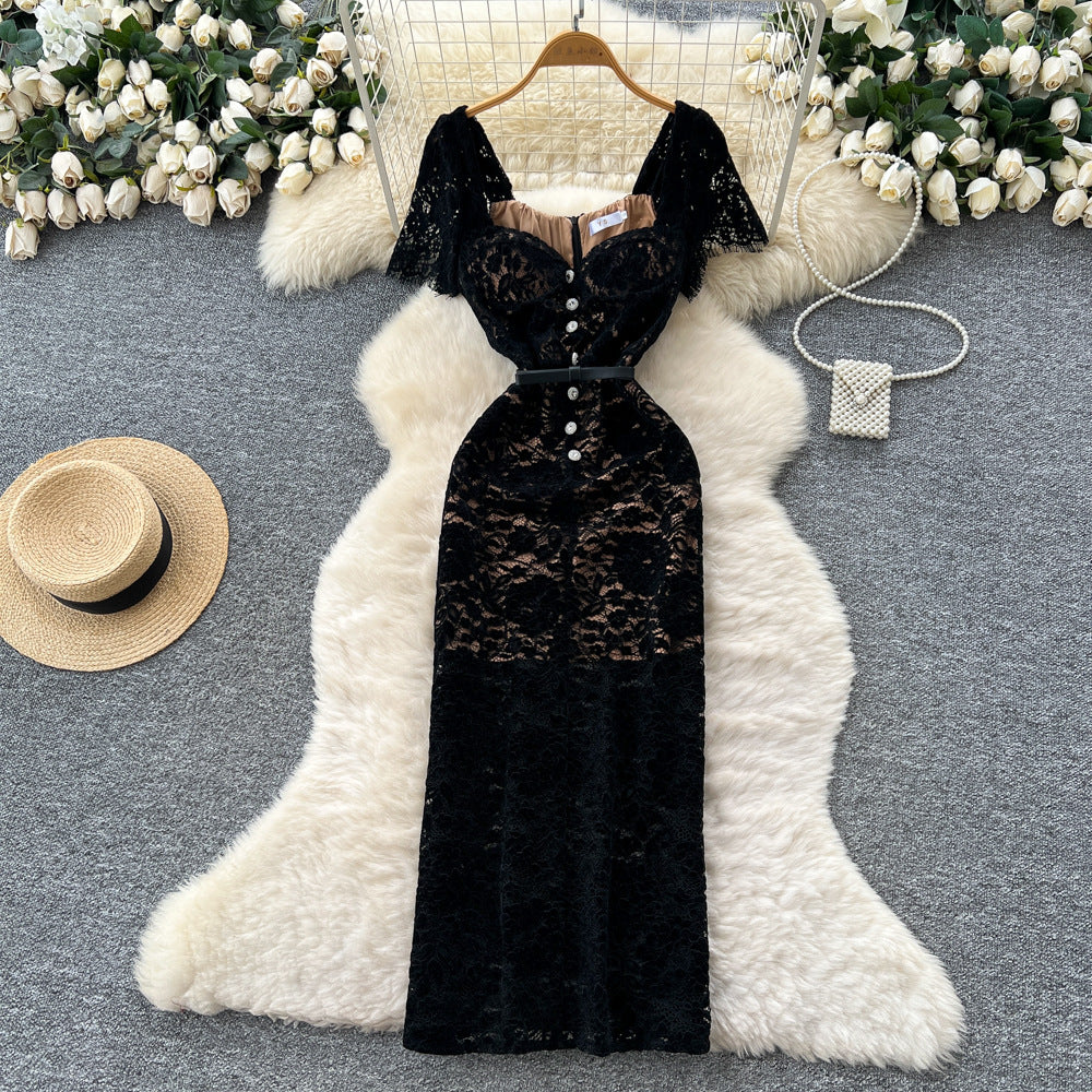 French high-end women's dress -  autumn fashion square neck button-down tie waist short sleeve flocked lace maxi dress