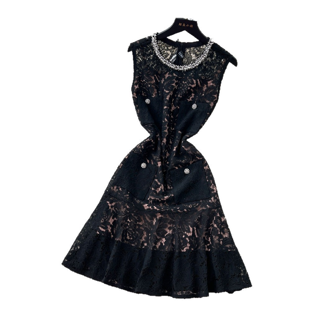 Qianjin feng heavy industry diamond round neck water soluble lacecut out sleeveless dress women's k-stylehigh waistwork clothing silm