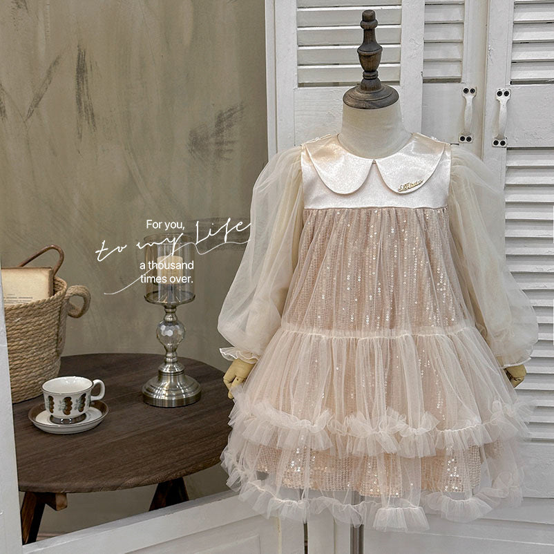 Girls' dress  autumn new arrival: exquisite sequin tulle tutu dress, high-end formal gown with bow detail, princess style