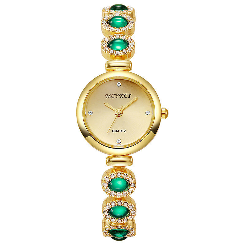 Mcykcy small dial gold alloy bracelet light luxury wrist emerald with surface style medieval watch women's quartz