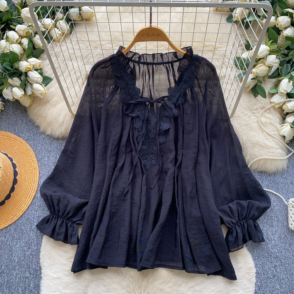 French chic lace trim v-neck tie blouse - women's long sleeve, youthful & flattering, autumn , relaxed fit