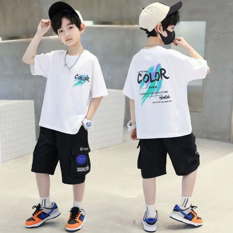 Boys' short-sleeve set - summer  new style: stylish t-shirt and shorts for mid-to-large children. cool and trendy summer outfit for little men