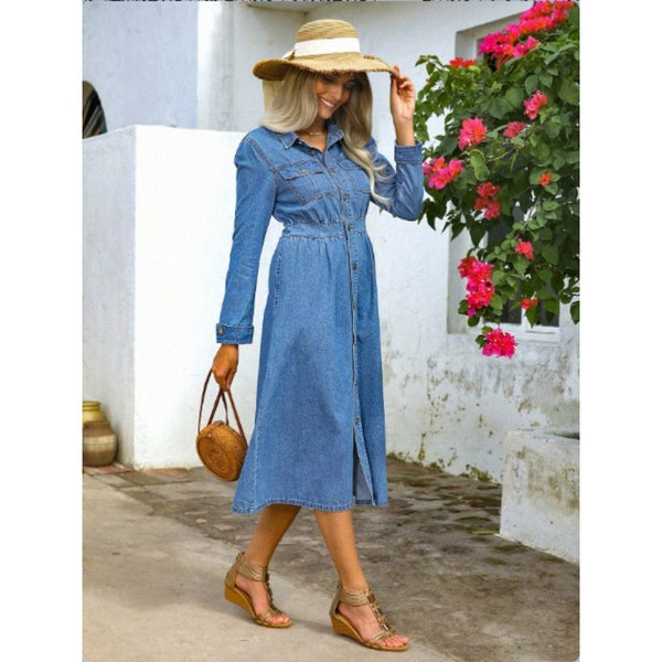TC08598 #European and American   Women's Long Sleeve Breasted Medium and Long Skirt Waist Denim Skirt
