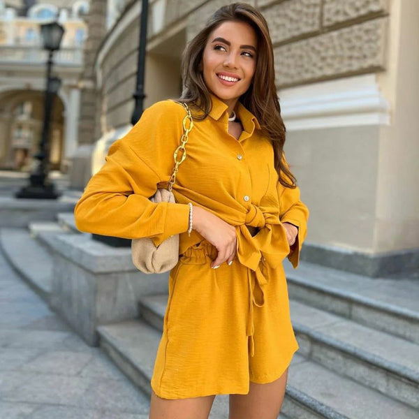 Spot European and American suit women's fashion casual  fabric loose lace-up summer shirt shorts women's two-piece set