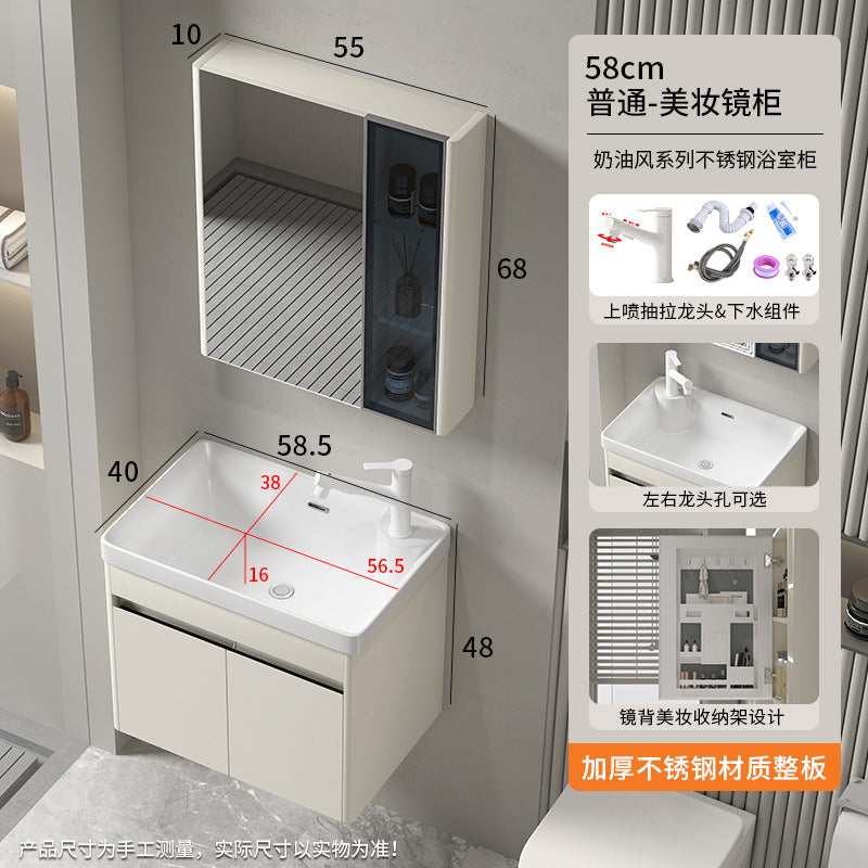 Small apartment bathroom cabinet Thickened stainless steel washstand Integrated cabinet Storage mirror Washstand Deepened ceramic integrated basin