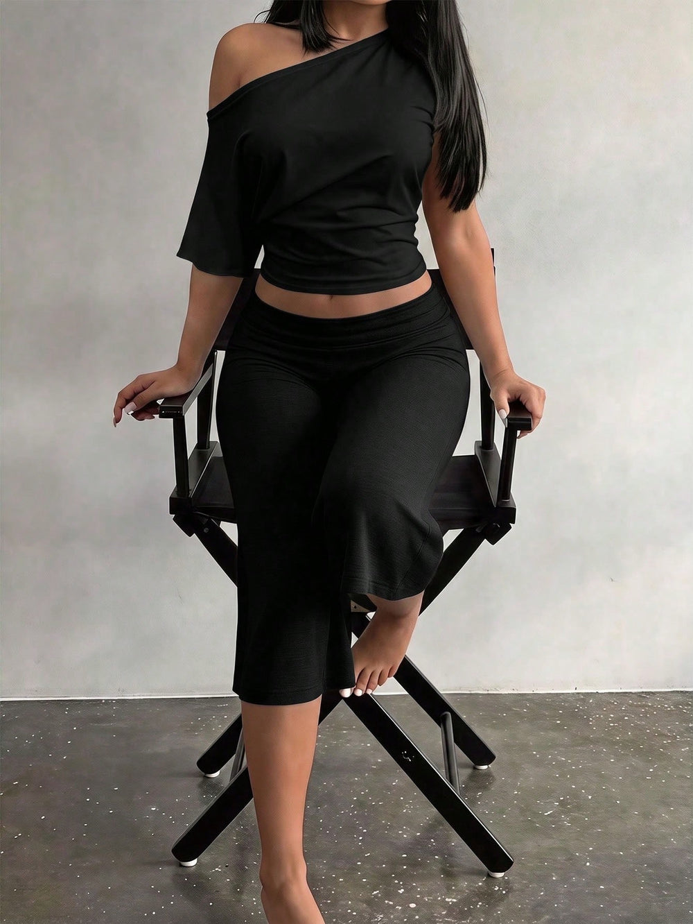 Amazon spring/summer new fashion elastic waist high-waisted casual t-shirt solid color minimalist wide-leg capri pants two-piece set