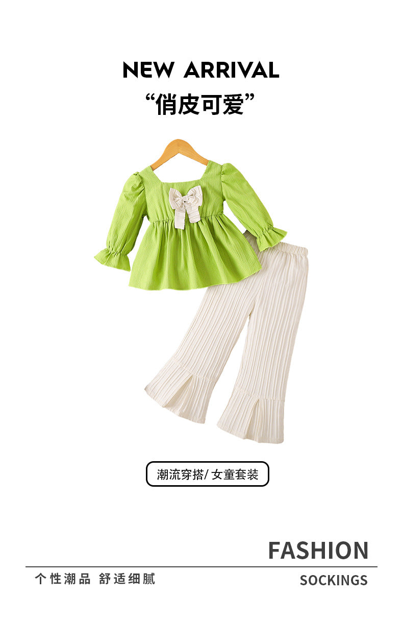 girltwo-piece set fruit green square collar topsbowspleated hem bell pants kids pantssuit