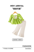 girltwo-piece set fruit green square collar topsbowspleated hem bell pants kids pantssuit