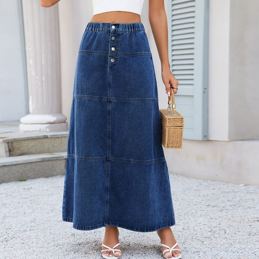European and american cross-border e-commerce  new arrival elastic waist front button patchwork design versatile denim midi skirt for women
