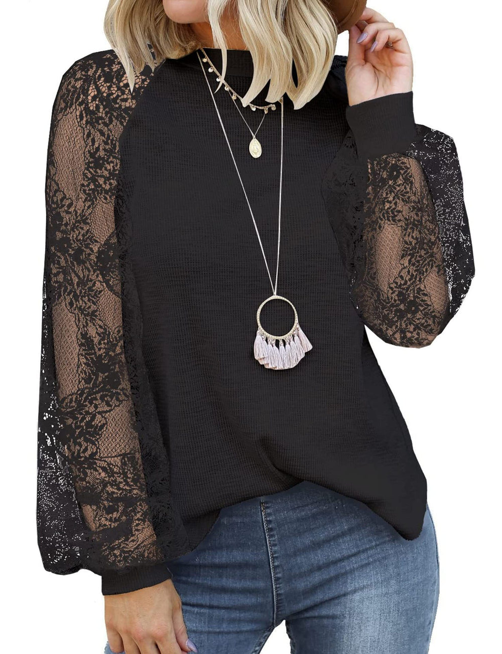 european and american export  new women's long-sleeve lace casual loose t-shirt top