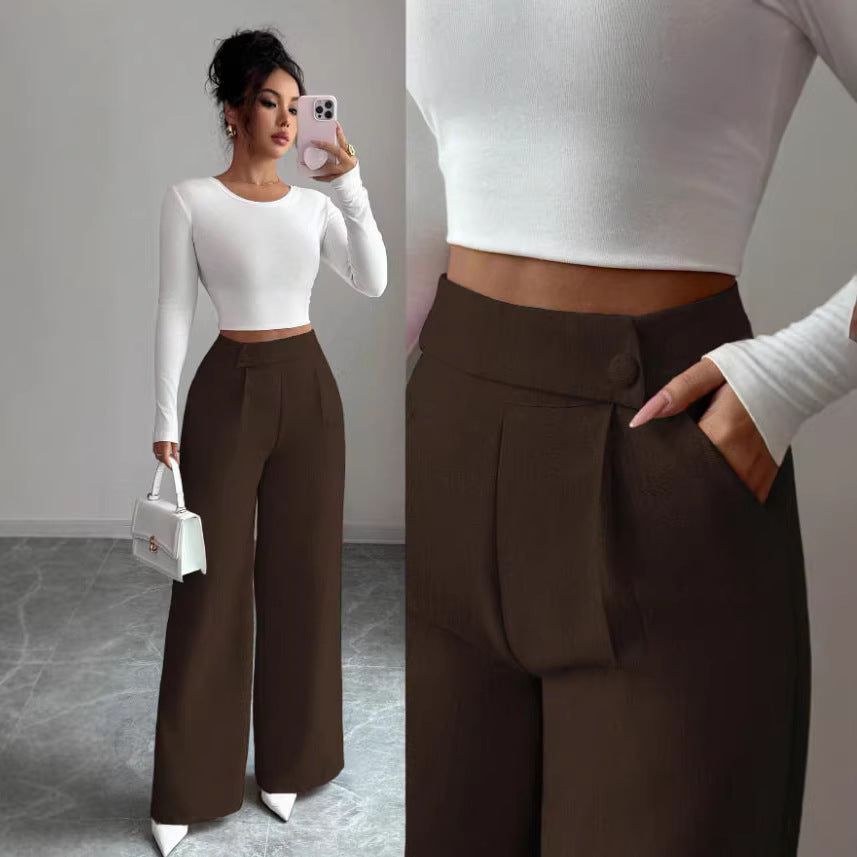 spring/summer new arrival: women's pink high-waisted trousers with button-decorated waist patch – elegant, casual, and versatile