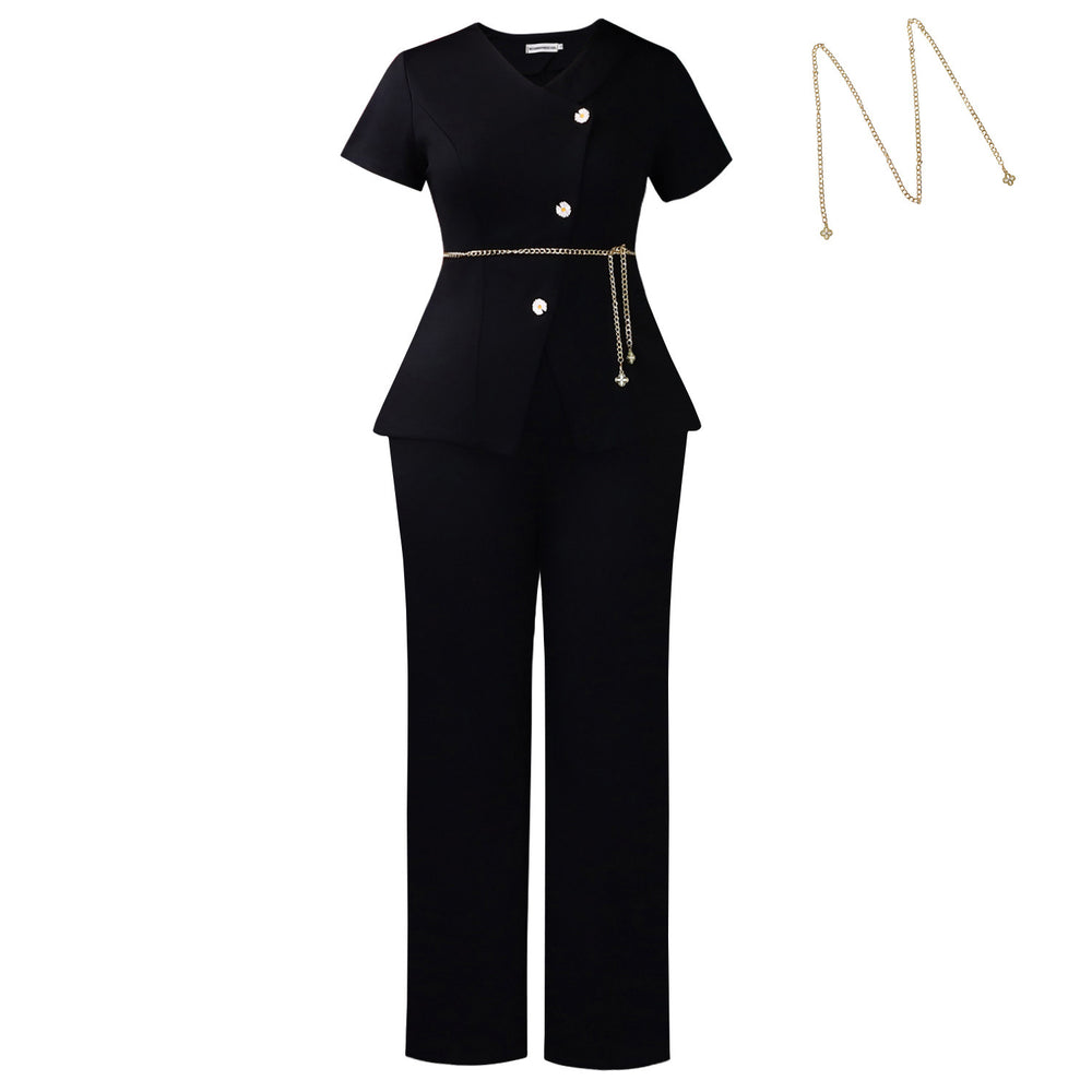 D618 european and american style summer women's outfit: chic button-down casual short-sleeve top and pants two-piece fashion african set
