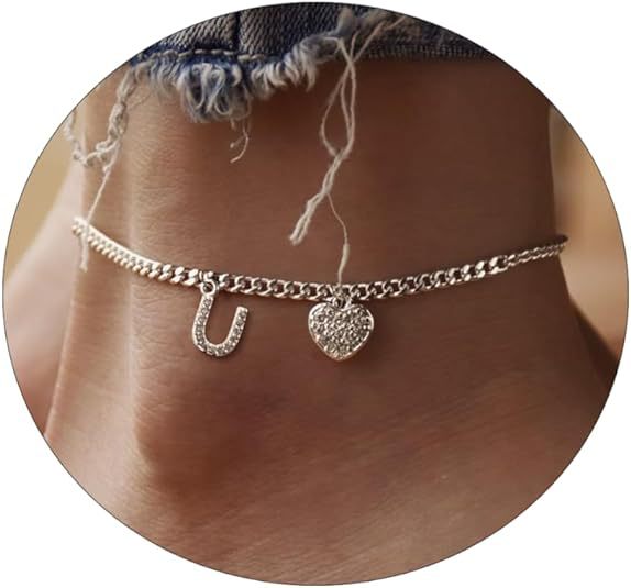 Amazon exquisite silver initial anklet - minimalist personalized letter anklet with cz heart cuban chain