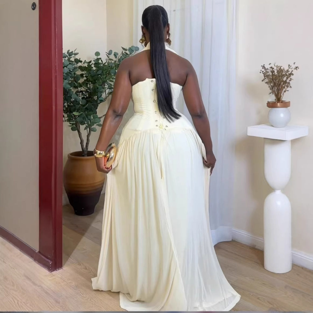European and american cross-border women's clothing:  summer new arrival - elegant halter neck pleated bodycon drawstring evening gown dress