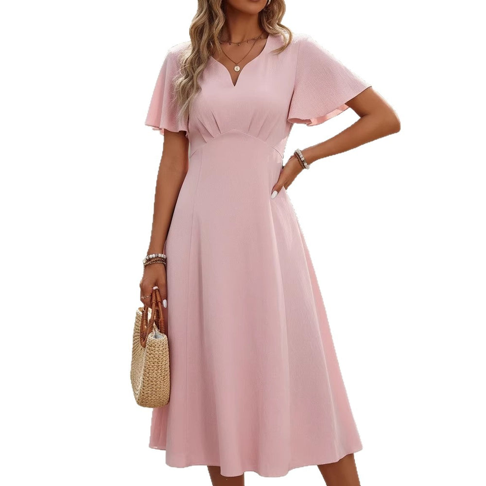 French chic dress - new summer collection: short sleeve v-neck a-line midi dress - perfect for vacation, work, and everyday wear