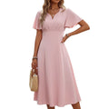 French chic dress - new summer collection: short sleeve v-neck a-line midi dress - perfect for vacation, work, and everyday wear