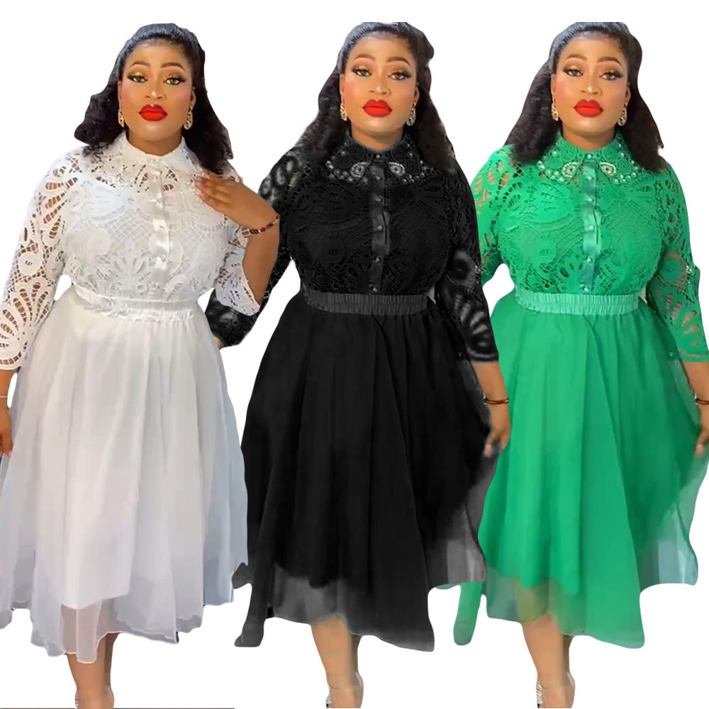 new arrival african plus size women's clothing lace lapel skirt three-piece set   fashiondress
