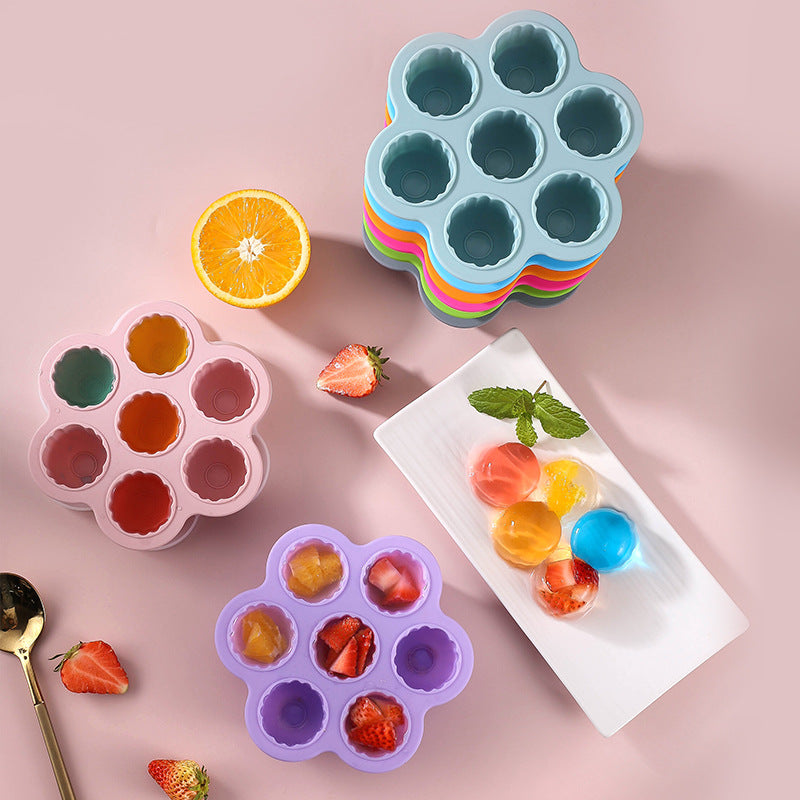 Food-grade silicone 7-cavity grapefruit-shaped jelly mold, home ice cube tray, baby food refrigeration box, ice mold with lid