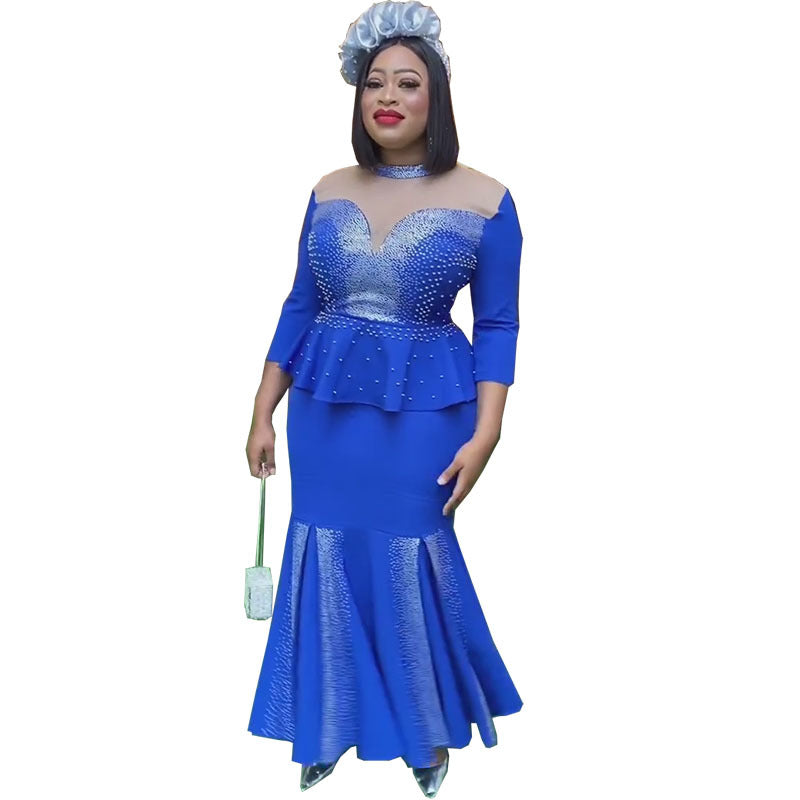 African cross-border sourcing:  new slim-fit, heavily embellished hotfix rhinestone plus-size maxi dress, high-waisted, elegant two-piece set